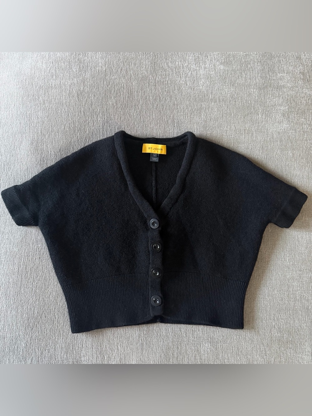 St. John Black 100% Wool Cropped Short Sleeve Button Cardigan Sweater M